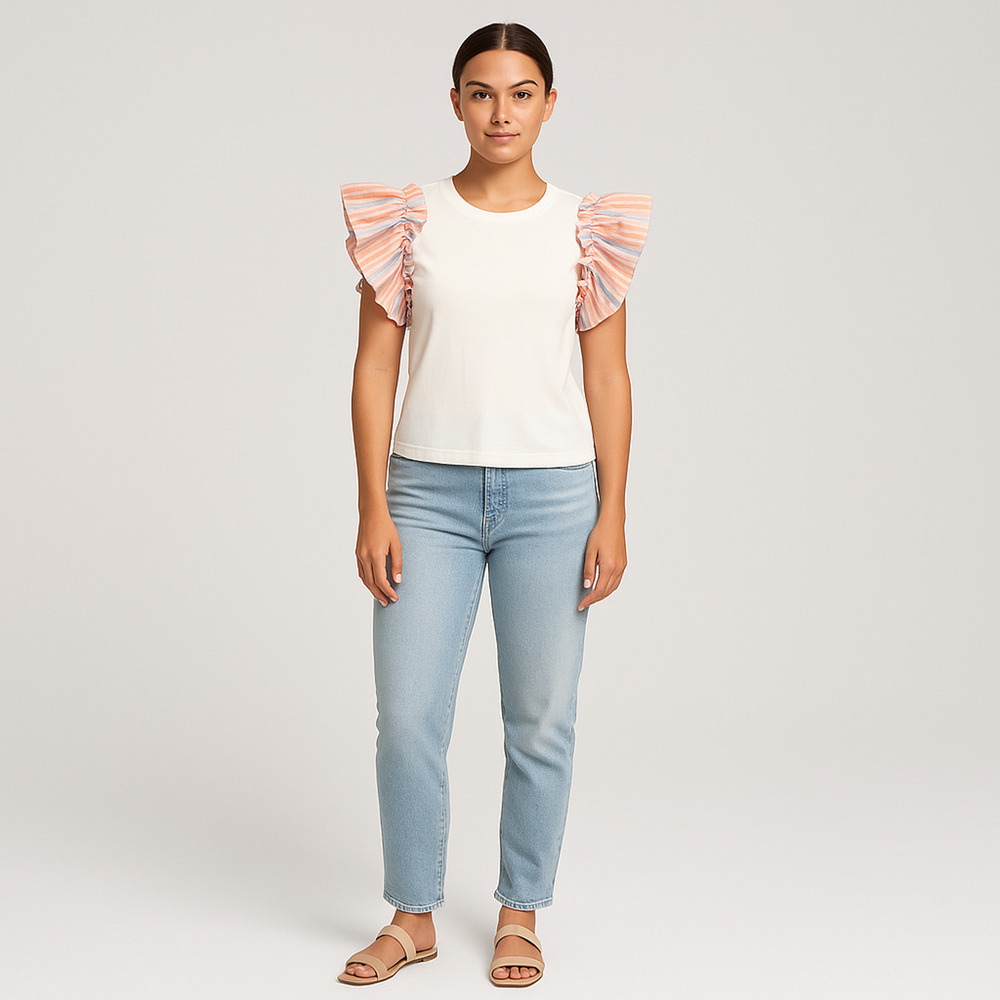 Anthropologie Flat White Ruffle Sleeve Tee S Pastel Stripe Flutter Top